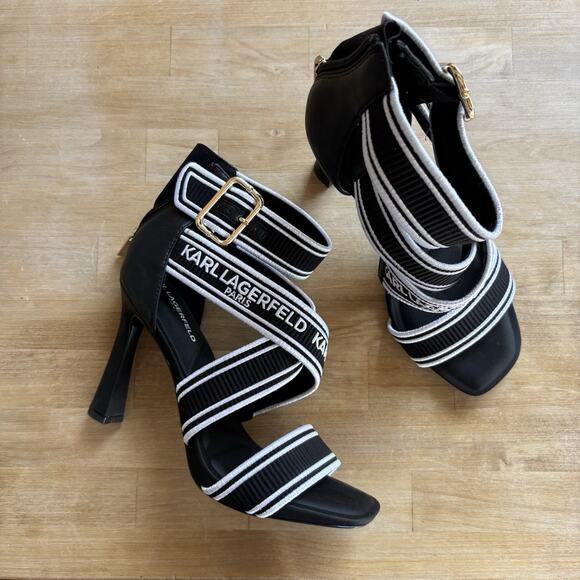 Karl Lagerfeld Paris Black Logo Strap Stiletto Heels 8M Elastic Designer Sandals - Picture 3 of 10